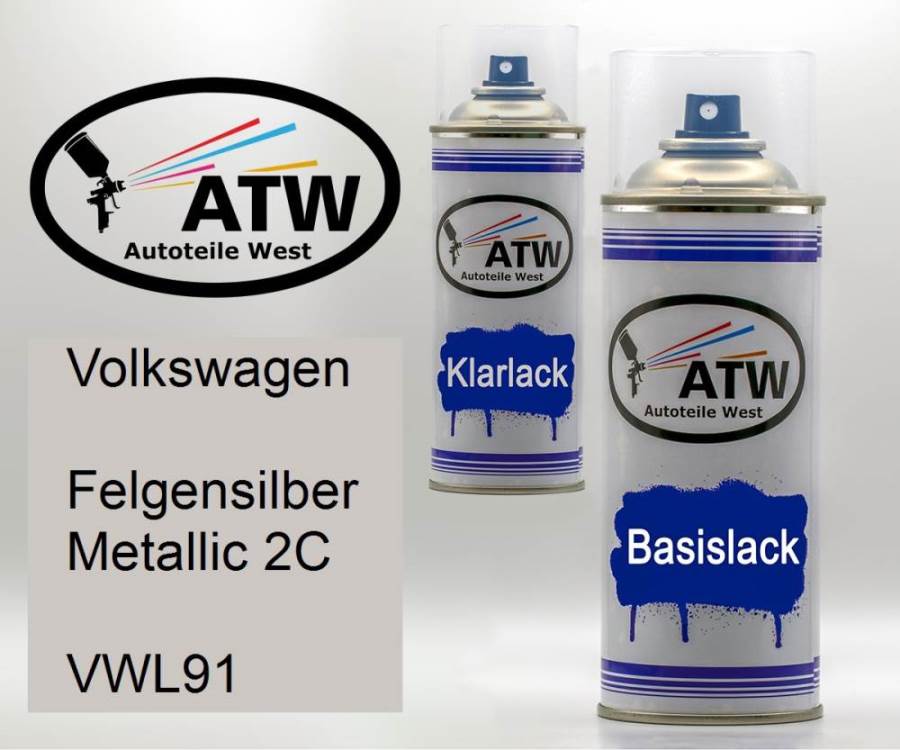 Volkswagen, Felgensilber Metallic 2C, VWL91: 400ml Sprühdose + 400ml Klarlack - Set, von ATW Autoteile West.